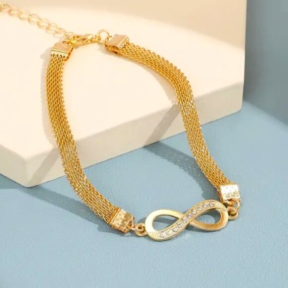 Anklet Infinity Rhinestone Gold Mesh Chain Beach Vacation Trendy Stylish Glam - Picture 4 of 5